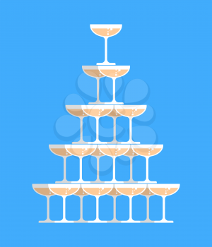 Glass of champagne tower. Alcohol in glass belfry. Wine pyramid. Cocktail hill
