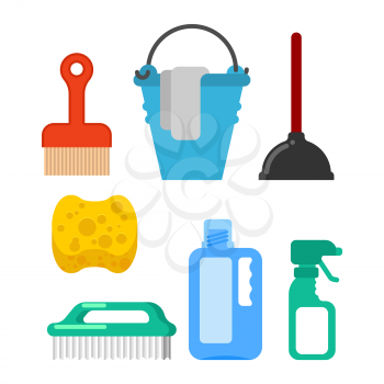 Cleaning Accessory. washing brush and plunger. bucket and floorcloth. Sponge and sprayer. Cleaner tools
