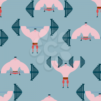 Gym seamless pattern. athletic hall ornament. Fitness background. Athlete and barbell. Dumbbells and powerlifting belt
