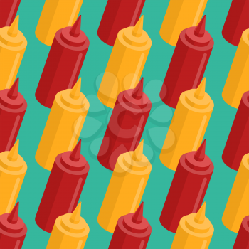 Mustard and ketchup bottle seamless pattern. Fast food seasoning background. Food Ornament
