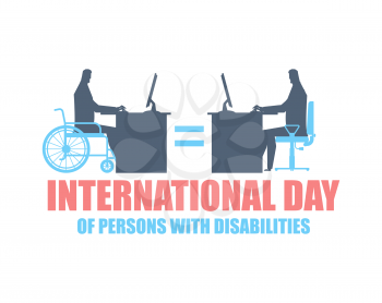 International Day of Persons with Disabilities. disabled at work. manager on wheelchair at table. Equal rights for people with disabilities