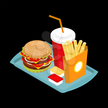 Fast food on tray. Hamburger and drink. French fries. Ketchup and mustard. Harmful meal for each day. Fastfood set
