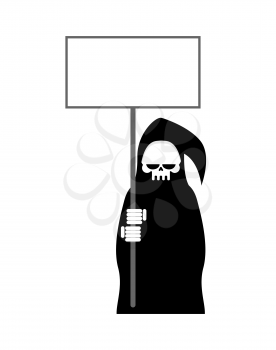 Grim Reaper with empty billboard plate. Death in hood hold white blank on white background