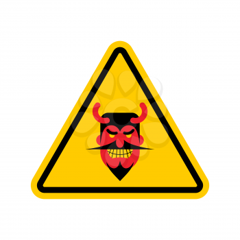 Attention devil. Dangers of yellow road sign. Satan Caution!
