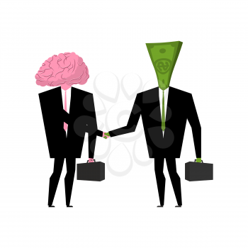 Brain and money business. Businessmen shaking hands. Human brains in suit and cash
