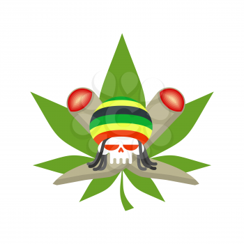Rasta logo. Rastafarian hat and skull. joint or spliff and marijuana leaf
