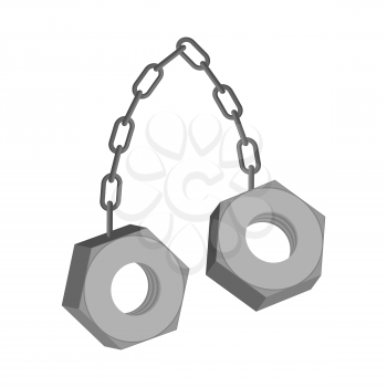  iron Nuts on chain isolated. Two screw-nut hang
