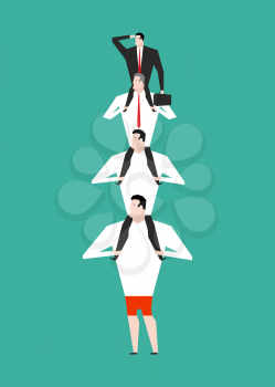 Office Hierarchy. Business pyramid. company structure. Boss sitting on shoulders on subordinates. Managers hold head.
