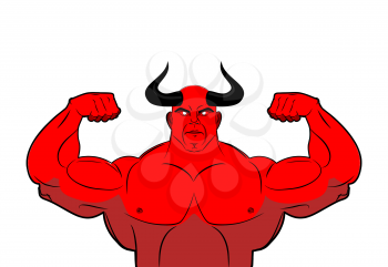 Strong demon with horns. Powerful red devil. Satan bodybuilder
