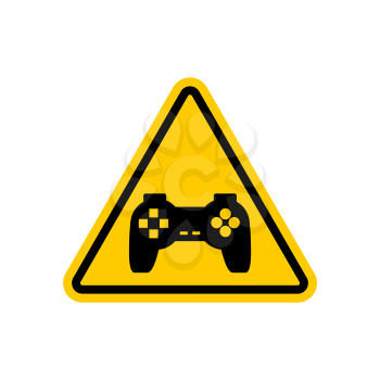 Attention video games. Dangers of yellow road sign Gamepad. Caution joystick. gadget console. videogame accessory