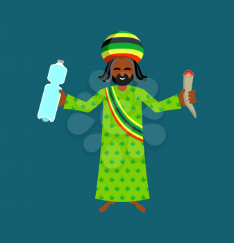 Jah God for Rastafarian. Rasta hat and deredy. Bottle of water and joint or spliff. Jamaican deity