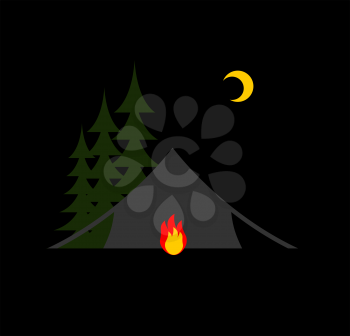 Camping night isolated. Sun, forest and tent. Bonfire and month
