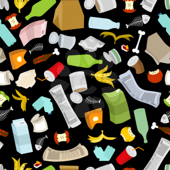 Rubbish seamless pattern. Garbage texture. trash ornament. dirty background. peel from banana and stub. Tin and old newspaper. Bone and packaging. Crumpled paper and plastic bottle