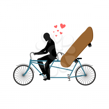Lover skateboarding. Skateboard and guy on bicycle. Lovers of cycling. Guy rolls boarder in tandem bike. love extreme sport. Romantic date.
