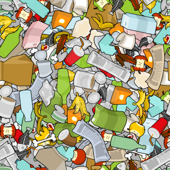 Garbage texture. Rubbish seamless pattern. trash ornament. litter background. peel from banana and stub. Tin and old newspaper. Bone and packaging. Crumpled paper and plastic bottle