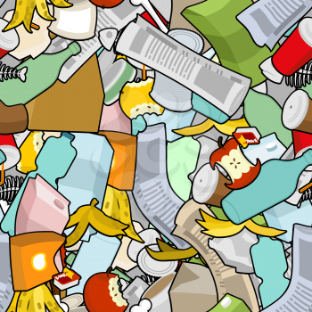 Rubbish seamless pattern. Garbage texture. trash ornament. litter background. peel from banana and stub. Tin and old newspaper. Bone and packaging. Crumpled paper and plastic bottle
