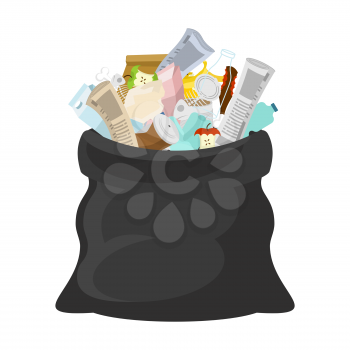 Black garbage bag open. sack Rubbish. sackful trash. litter. peel from banana and stub. Tin and old newspaper. Bone and packaging. Crumpled paper and plastic bottle