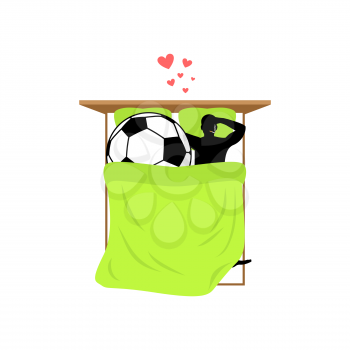 Lover Soccer. Guy and football ball in bed. Lovers in Bedroom. Romantic date. Love sport play game 