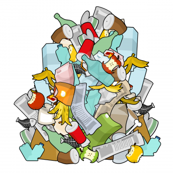 Pile Rubbish. Garbage heap  isolated. Stack trash. litter background. peel from banana and stub. Tin and old newspaper. Bone and packaging. Crumpled paper and plastic bottle