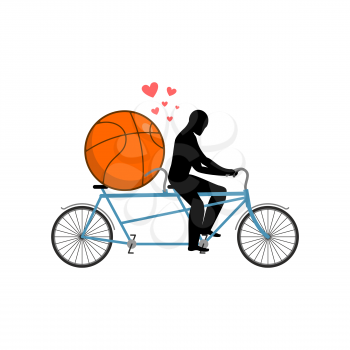 Lover basketball. Guy and ball on tandem. Lovers of cycling. Man rolls  bicycle. Joint walk on street. Romantic date. Love sport play game 
