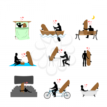 Lover skateboarding set. Man and Skateboard in movie theater. Lovers in bath. Romantic rendezvous. boat. person sitting on bench. Joint walk. Cycling tandem. Breakfast in cafe. Picnic in park. sleeping in bed. extreme sport