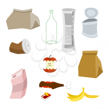 Rubbish icon collection. Garbage set. trash sign. litter symbol. peel from banana and stub. Tin and old newspaper. Bone and packaging. Crumpled paper and plastic bottle