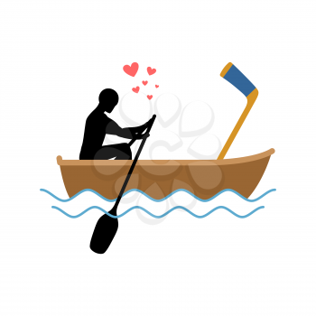 Lover hockey. Guy and hockey stick ride in boat. Lovers of sailing. Romantic date. Love sport play game 
