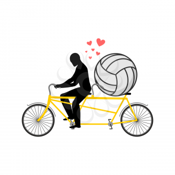 Lover Volleyball. Guy and football ball on tandem. Lovers of cycling. Man rolls  bicycle. Joint walk on street. Romantic date. Love sport play game 
