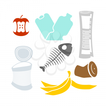 Garbage set. Rubbish icon collection. trash sign. litter symbol. peel from banana and stub. Tin and old newspaper. Bone and packaging. Crumpled paper and plastic bottle