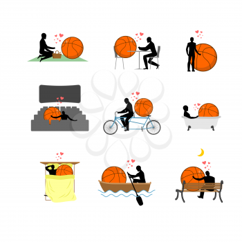 Lover Basketball set. Man and ball in movie theater. Lovers in bath. Romantic rendezvous. boat. person sitting on bench. Joint walk. Cycling tandem. Breakfast in cafe. Picnic in park. sleeping in bed. love sport game.