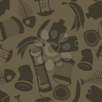 litter background. Rubbish seamless pattern. Garbage texture. trash ornament. peel from banana and stub. Tin and old newspaper. Bone and packaging. Crumpled paper and plastic bottle