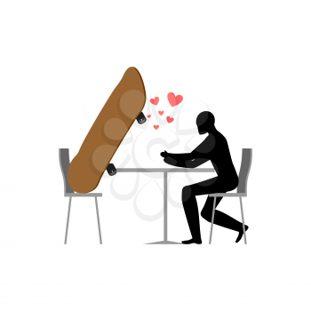 Lover skateboarding. Skateboard and guy in cafe. Lovers in restaurant. Romantic date. Love extreme sports