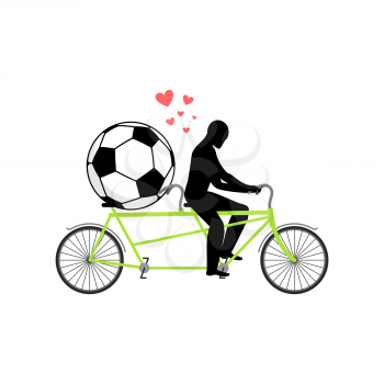 Lover Soccer. Guy and football ball on tandem. Lovers of cycling. Man rolls  bicycle. Joint walk on street. Romantic date. Love sport play game 
