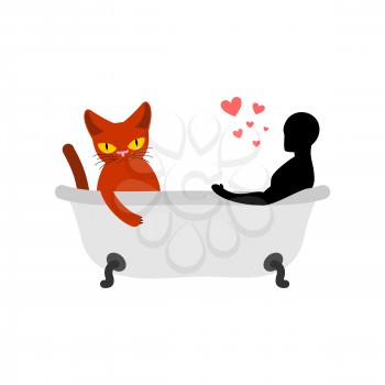 Cat lover in bath. my kitty.  Passion feelings among lovers. Joint bathing.  Pet and guy. Romantic date