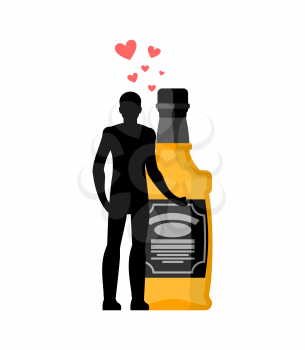 Lover alcohol drink. Man and bottle of whiskey embrace. Lovers cuddle. Romantic date. Alcoholic Lifestyle
