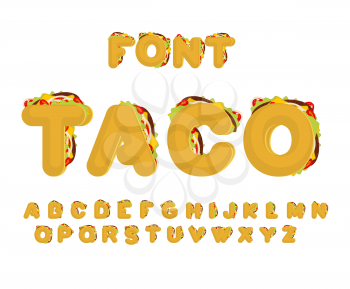 Taco font. Mexican fast food ABC. Tacos alphabet. traditional Mexico meal letter