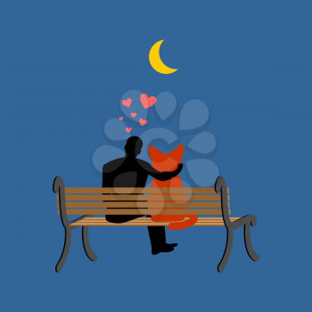 Cat lover sitting on bench. my kitty. Pet and guy. Romantic date
