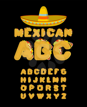 Mexican font. Tacos alphabet. Taco fast food ABC. traditional Mexico meal letter