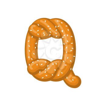 Letter Q pretzel. snack font symbol. Food alphabet sign. Traditional German meal is ABC. Bake 
