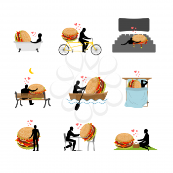 lover fast food. set. Man and hamburger  in movie theater. Lovers in bath. Romantic rendezvous. boat. person sitting on bench. Joint walk. Cycling tandem. Breakfast in cafe. Picnic in park. sleeping in bed. Glutton Lifestyle