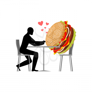 lover fast food. Man and hamburger in cafe. Guy and Burger. Lovers in restaurant. Romantic date fastfood. Glutton Lifestyle