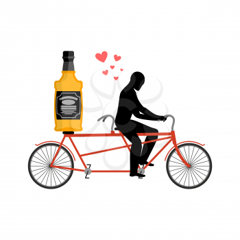 Lover drink alcohol. Bottle of whiskey on bike. Man rolls brandy on tandem. Romantic date. Alcoholic Lifestyle