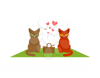 Cat lovers on picnic. Meal in nature. blanket and basket for food on lawn. Pet Romantic date. Cats lifestyle
