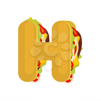 Letter H tacos. Mexican fast food font. Taco alphabet symbol. Mexico meal ABC