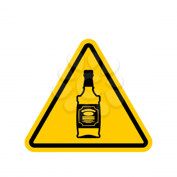 Attention alcohol. Bottle of whiskey on yellow triangle. Road sign Caution alcoholic

