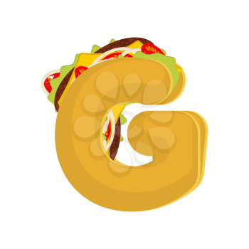 Letter G tacos. Mexican fast food font. Taco alphabet symbol. Mexico meal ABC
