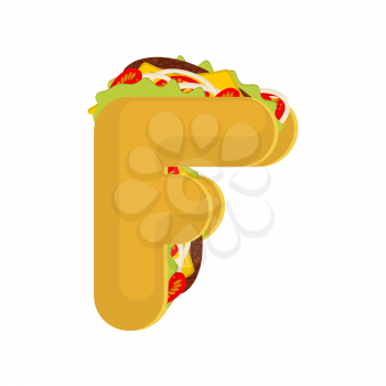 Letter F tacos. Mexican fast food font. Taco alphabet symbol. Mexico meal ABC