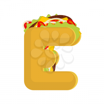Letter E tacos. Mexican fast food font. Taco alphabet symbol. Mexico meal ABC