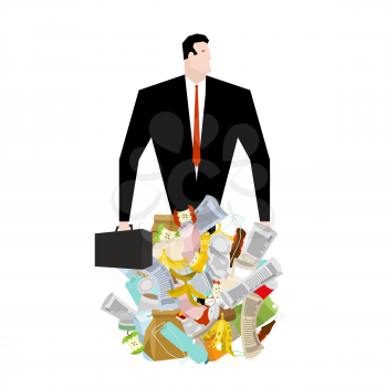 Businessman in garbage heap. Boss in Pile Rubbish. Waste management in Stack trash
