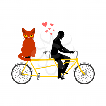 Cat lover on tandem. my kitty. Lovers of cycling. Man rolls bicycle. Pet and guy. Romantic date